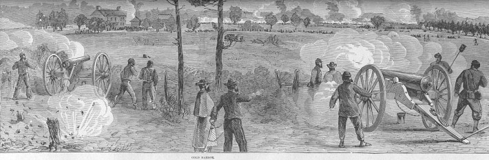 Engraving of Federal Artillery in action at Cold Harbor from Harper's Pictorial History of the Civil War